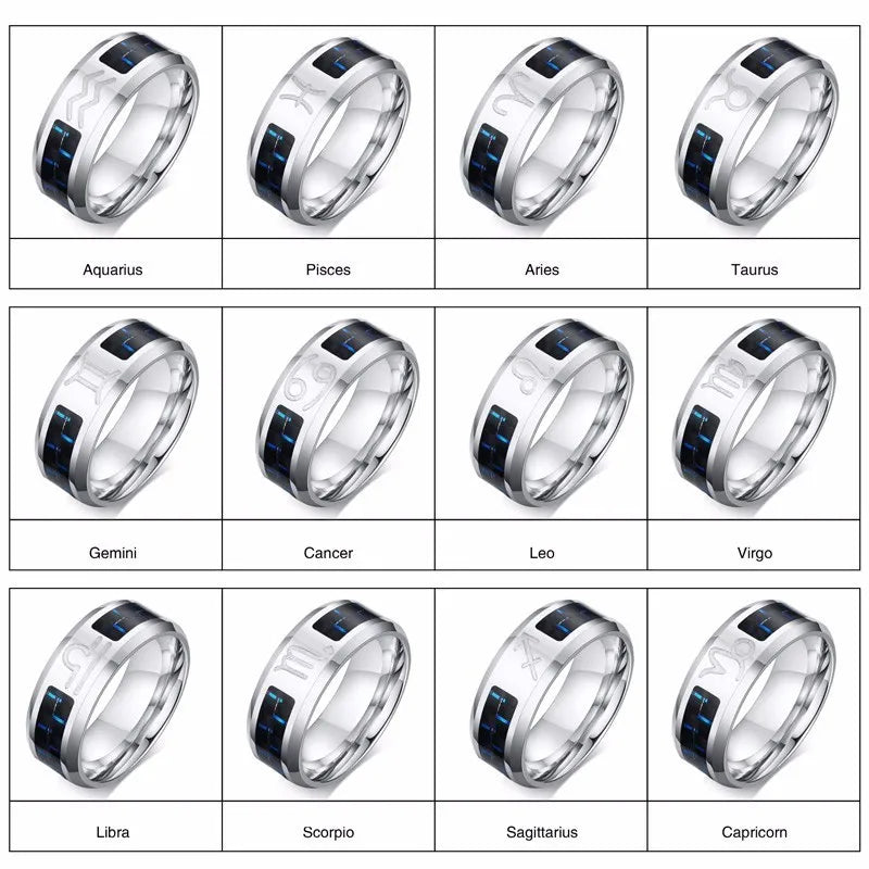 Vnox Twelve Constellations Rings for Men Women 8mm Stainless Steel-Anel Male Classic Carbon Fiber 12 Horoscope Ring