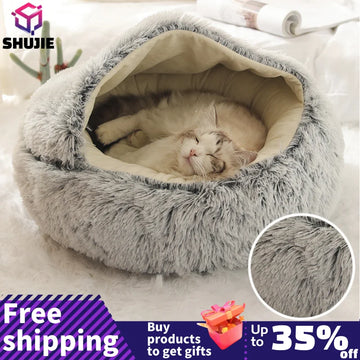 Winter Long Plush Pet Cat Bed Round Cat Cushion Cat House 2 In 1 Warm Dog Basket Cat Sleep Bag Cat Nest Kennel For Small Dog Cat