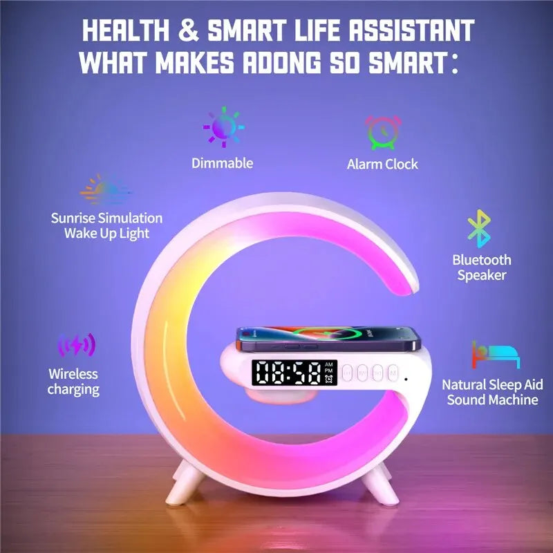 Wireless Charger Pad Stand Speaker TF Card RGB Night Light Lamp Alarm Clock Fast Charging Station Dock for iPhone Samsung Xiaomi