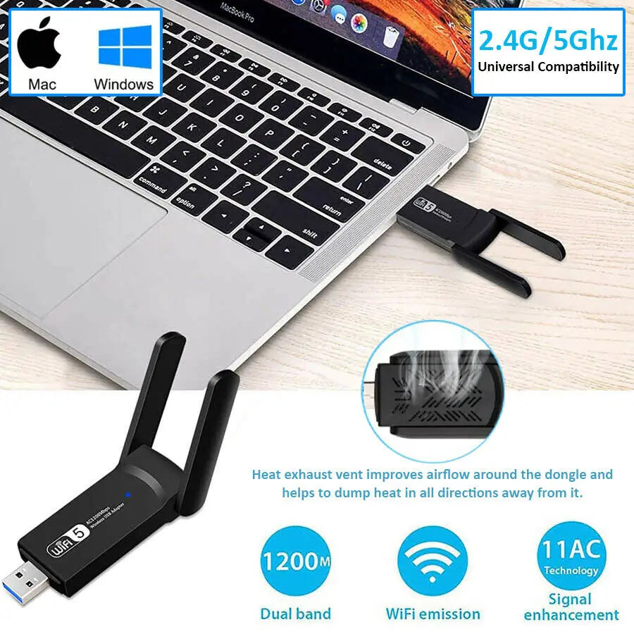 1200Mbps USB Wifi Dongle Adapter 5Ghz 2.4Ghz USB Dual Band RTL8812 Wifi Antenna LAN Adapter For Windows Mac Desktop/Laptop/PC