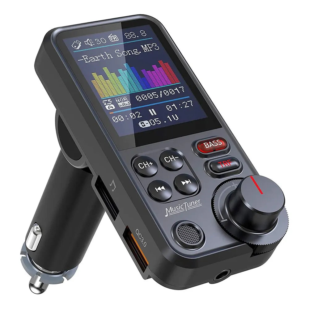1.8 Inch Wireless Car Bluetooth FM Transmitter-Aux Supports QC3.0 Charging Treble and Bass Sound Music Player