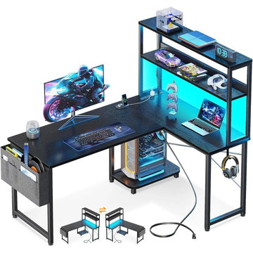 Casaottima 43 Inch Reversible L Shaped Gaming Desk with Power Outlets & LED Lights.