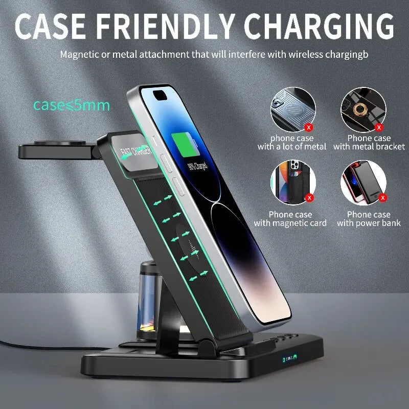 5 In 1 Wireless Charger Stand LED Light Time Foldable Fast Charging Station Dock for iPhone 15 14 13 Apple Watch 8 6 5 4 Airpods