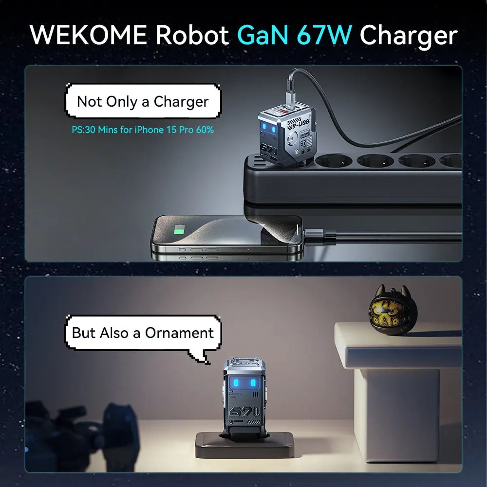 WEKOME Robot 67W GaN Fast Charger Type C Quick Charge QC4.0 PD3.0 PPS Fast USB Charger for iPhone Samsung Xiaomi Tablets Macbook