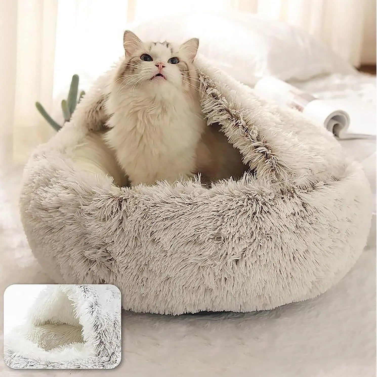 Plush Round Cat Bed Pet Mattress Warm Soft Comfortable Basket Cat Dog 2 in 1 Sleeping Bag Nest for Small Cat Puppy