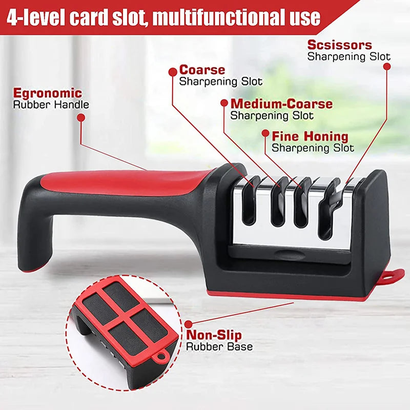 4-in-1 Knife Sharpener Stainless Steel Quick Knife Sharpening Tool Stable Non-Slip Base for kitchen knives Grip Rubber Handle