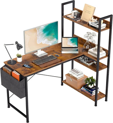 L-Shaped Computer Desk with Storage Shelf-Adjustable Feet for Dual Monitors.